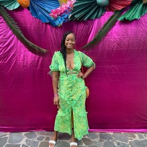 ASOS Design midi skirt and short sleeve ruffle blouse set. Small rip in blouse.